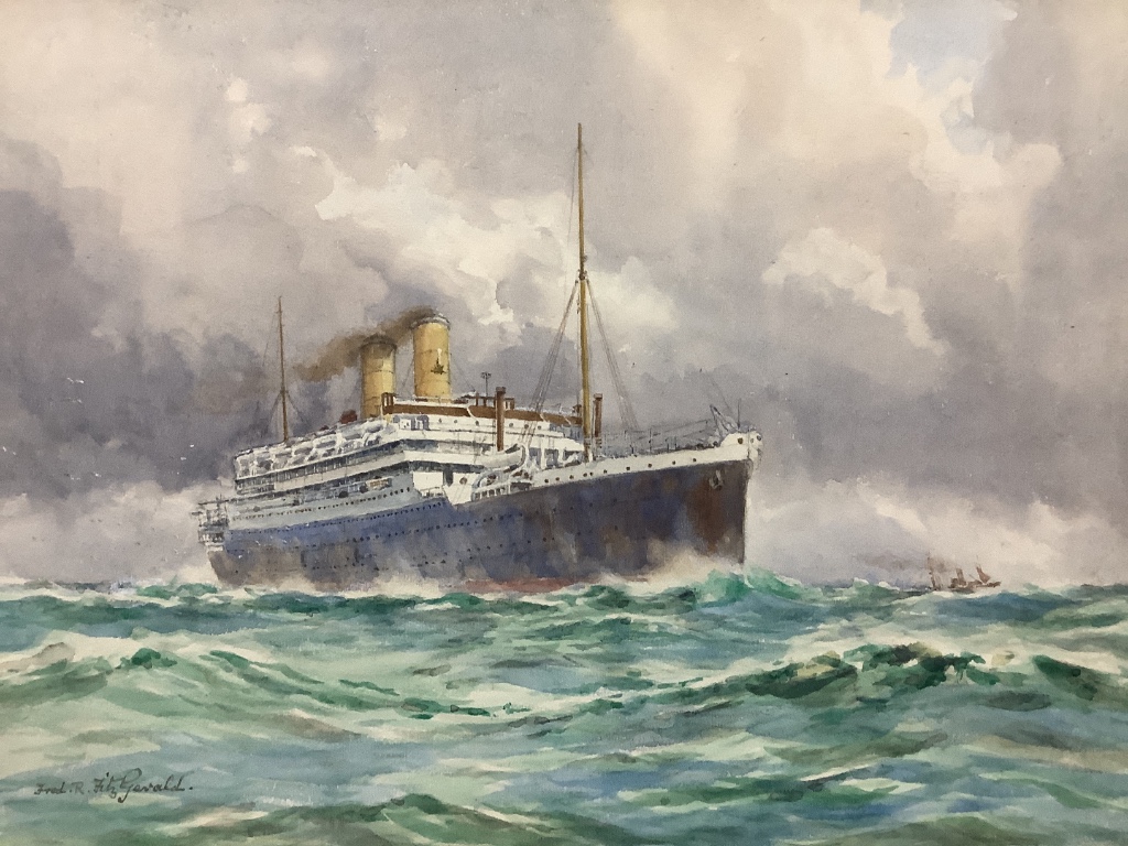 Frederick R. Fitzgerald (1869-1944), watercolour, Steam liner at sea, signed, 35 x 50cm